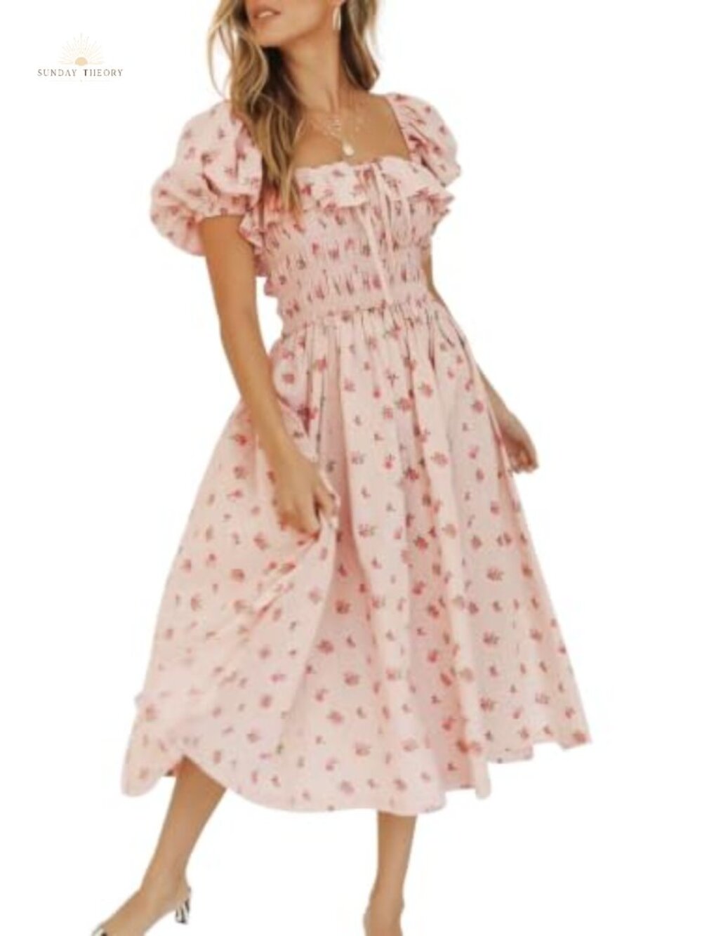 Cotton Floral Midi Dress Puff Sleeve Square Neck Boho A-Line